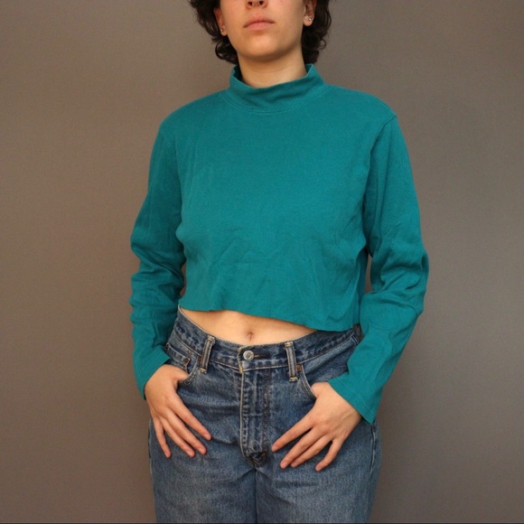 Teal Turtleneck Crop Top - Picture 2 of 3